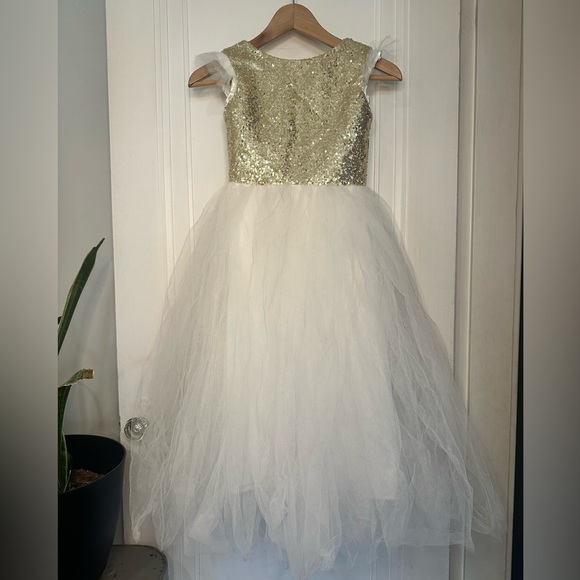 Gold sequin top, tulle gown flower girl dress - Picture 1 of 11